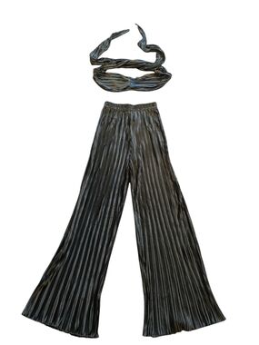 Pleated Wide-Leg Jumpsuit Set in Metallic Green